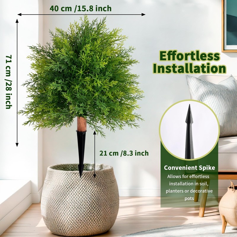28" Artificial Cedar Topiary Ball Trees, 2 Pack Fake Plants