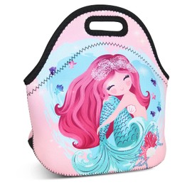 JIMOWANG Pink Cartoon Mermaid Cute Neoprene Lunch Bag Reusable Lunch Box Insulated Lunch Bags Tote Cartoon Thermal Picnic Waterproof Lunch Handbag