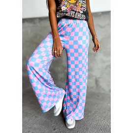 IWOLLENCE Women's Casual Loose Checkered Wide Leg Pants High Waist Straight Lounge Y2K Gingham Trousers Fall Pink Blue, XL