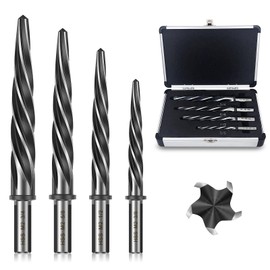 4PCS M2 HSS Reamer Drill Bit Set, 3/8", 1/2", 5/8", 3/4" Tapered Chucking Reamer-5-Spiral Flutes, 1/2" Non-Slip Shank, Bridge/Construction Reamer Set for Steel, Metal, Wood, Alloy
