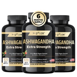 gflow vitamins Ashwagandha Supplements - ashwagandha Powder Capsules Extra Strength with Black Pepper | Mood Support, Focus, Energy Support | Vegan Friendly, Non-GMO, USA Made - 6 Months Supply