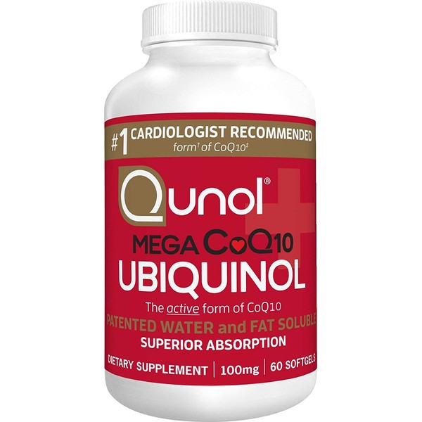 Qunol Mega Ubiquinol CoQ10 100mg, Superior Absorption, Patented Water and Fat Soluble Natural Supplement Form of C0Q10, Antioxidant for Heart Health, 60 Count (Pack of 1) Softgels