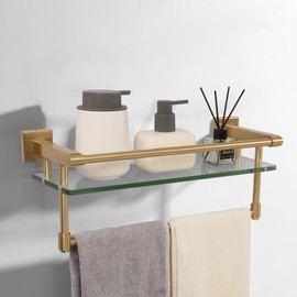 Bathroom Glass Shelf Brushed Gold Finish with Towel Rack, SUS304 Stainless Steel, 16-inch Tempered Glass Shelves for Wall