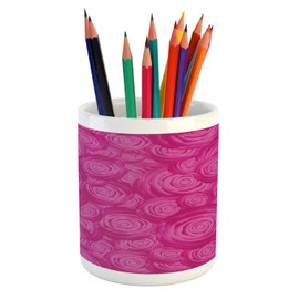Lunarable Valentines Day Pencil Pen Holder, Abstract Roses Illustration in Fresh Floral Romance Theme Print, Ceramic Pencil Holder for Desk Office Accessory, 3.6" X 3.2", Magenta Pale Fuchsia