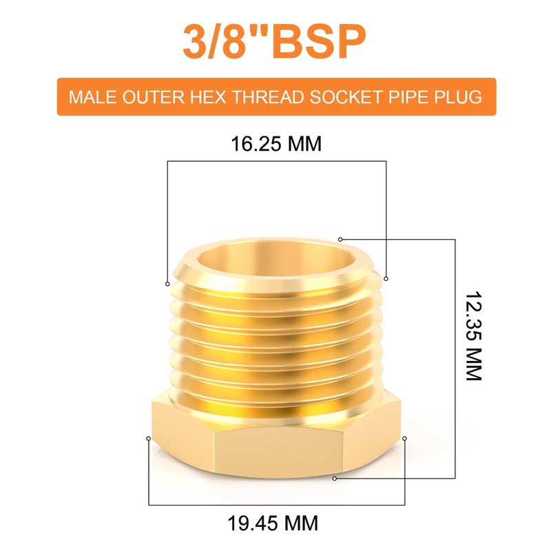 GASHER Brass 3/8" BSP Male Outer Hex Thread Socket Pipe