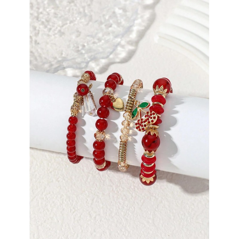 JWIGP 4Pcs Cherry Bracelet Set for Women, Red Beaded Pendant