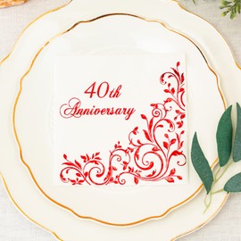 Crisky Servilletas de cóctel rojas de 40 aniversario para decoración de fiesta de boda de rubby, servilletas desechables de postre de 3 capas, 50 unidades