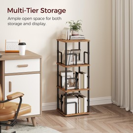 MAHANCRIS 3-Tier Rotating Bookshelf, Freestanding Corner Bookshelf, 360° Spinning Bookcase, Industrial Style Storage Rack with Rails, for Living Room, Bedroom, Study, Rustic Brown and Black BKHR1401