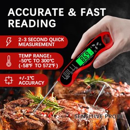 Aouplry Meat Thermometer Digital,Instant Read Food Thermometer with Backlight LCD Screen, IP67 Waterproof Foldable Long Probe & Auto On/Off, Perfect for Cooking,BBQ,Candy Making (Red)