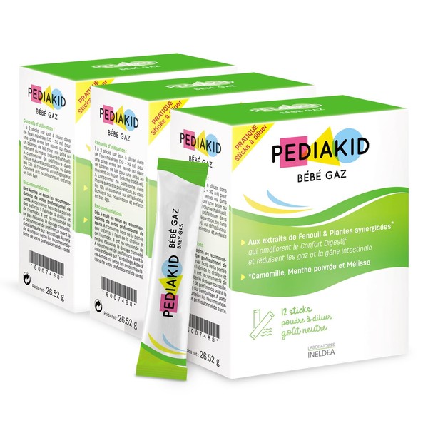 PEDIAKID - Baby Gaz - With plant extracts & fibres - Helps reduce gases and improve digestive comfort - Suitable from birth - Easy to use dilute powder sticks - Pack of 3