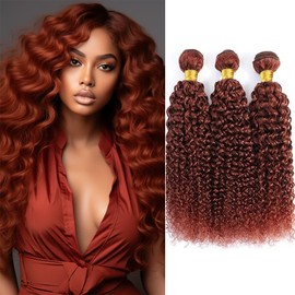 Human Hair Reddish Brown Curly Weave Bundles - Kinky Curly Double Weft Copper Red Hair Extensions - Wet and Wavy - Silky and Soft - 24, 26, 28 inch