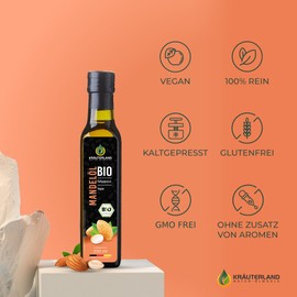 Kräuterland Bio Mandelöl - 250ml Mandel Bio-Speiseöl, kaltgepresst, naturrein, vegan - zum Kochen, Backen, für Salate & Desserts - auch zur Haut- und Haarpflege