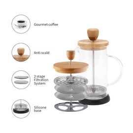 Premium French Press Coffee Brewer Pot Heat Resistant,High Borosilicate Glass,Bamboo Design,Filtering Function,for Home, Office(Small)