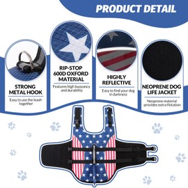 Queenmore XS Dog Life Vest for Boating, American Flag Dog Life Vest for Swimming, Lightweight Small Dog Life Jacket with Shark Fin/Rescue Handle/Leash Hook
