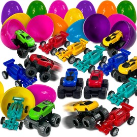 Stargo 24 Pack 3.2" Large Colorful Prefilled Easter Eggs with toys - Racing Cars mini Vehicles pull-back cars, Bright Plastic Easter Eggs Filled Basket Fillers Egg Hunts Party Favors, Boys Goodie Bags