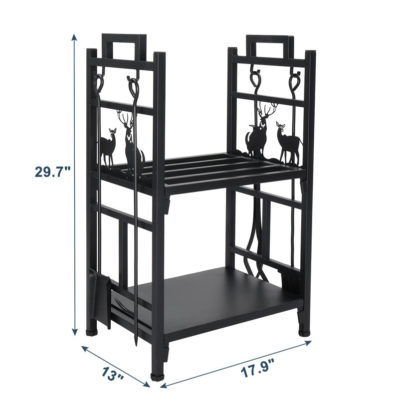 COOBL Firewood Rack Holder with Fireplace Tools,Brush, Shovel, Tong, Hook,Metal