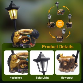 Muzzysse Outdoor Hedgehogs Statues Solar Sculptures with Solar Lights and Flowerpot Funny Garden Decor Animal Figurines Resin Outdoor Statues for Patio Yard Lawn Balcony Gifts