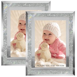 HIKWADERY 4x6 Picture Frames Silver - Set of 2, Sparkle Real Glass 4 by 6 Photo Frame Mirrored Edge Great Gift, for Tabletop Display (4 x 6, Glitter Silver)