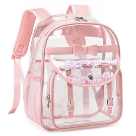 Clear Backpack for School,Heavy Duty PVC Transparent Bookbag for Girls Women Stadium Approved See Through Backpacks Kids Elementary Laptop Bags for Teens,Sports,Students,Work,Travel Pink