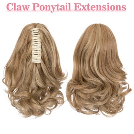 SLEEKALON 12" Short Blonde Ponytail Extension Curly Wavy Ponytail Clip In Claw Hair Extensions Pony Tails Natural Synthetic Hairpiece for Women Golden Blonde H Blonde