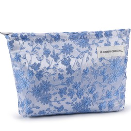 ZLFSRQ Daisy Flower Makeup Bag Travel Floral Cute Cosmetic Bags for Women Large Makeup Pouch Zipper Cosmetic Pouch for Purse Aesthetic Embroidery Blue Makeup Organizer Bag Portable Toiletry Bag