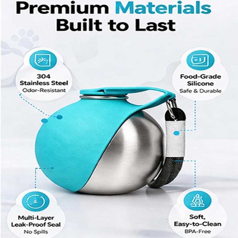 2-in-1 Dog Water Bottle & Bowl, Portable Stainless Steel Travel