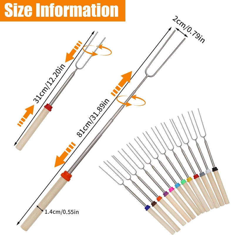 12 Pack U-Shape Marshmallow Toasting Kit, Extendable Stainless Steel Roasting