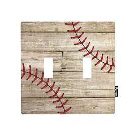 Pznen Vintage Baseball Stitch Double Toggle Light Switch Cover Baseball Red Lace on Rustic Wooden 2 Gang Wall Plate Decorative Faceplate Electrical Switchplate Bathroom Bedroom