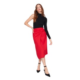 TRENDYOL Women's Midi Asymmetric Pencil Skirt, Woven Fabric Skirt, red