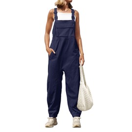 ZESICA Women's Sleeveless Overalls Jumpsuit Casual Loose Adjustable Straps Bib Long Pant Jumpsuits with Pockets,Navy,Small