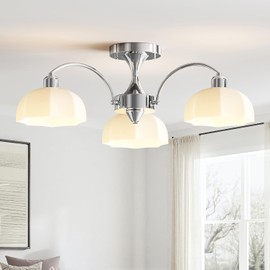 Milk Glass Chandelier Farmhouse Rustic Semi Flush Mount Ceiling Lamp Frosted White Globe Pendant Light Mid Century Modern Wood Grain Chandelier Sputnik Ceiling Light (3- Light)