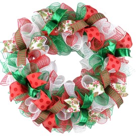 Traditional Christmas Wreaths | Red White Emerald Green Outdoor Mesh Front Door Wreath : C2