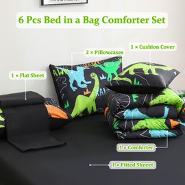 Tasselily 6 Pcs Bed in A Bag Twin Comforter Set for Boys Girls, Dinosaur Comforter, Dinosaur Bedding Sets with Sheets for Kids