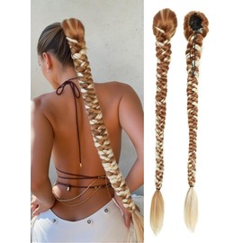 WIGER 34 Inch Braided Ponytail for Black Women Long Drawstring DIY Ponytails Mixed Blonde Yaki Straight Clip-In Hair Extension Fake Hairpieces For Daily or Costume