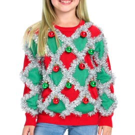 Tipsy Elves Christmas Sweaters for Children - Cute and Tacky Boys and Girls Kid's Holiday Pullovers, Red/Green Tacky Tinsel, X-Small