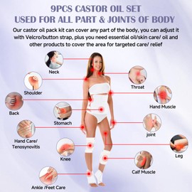 Castor Oil Wrap, 9 Pcs Organic Castor Oil Packs Kit for Entire Body Neck Shoulder Waist Back Hand Knee Leg and Feet, Reusable Pads Kit for Hot/Cold Castor Oil Compress for Woman/Man【White】