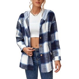 HangNiFang Womens Plaid Flannel Hoodie Shirts Long Sleeve Button Down Jacket Coats(0490-NavyBlue-M)