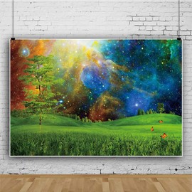 shensu Vinyl 7x5ft Enchanted Landscape Scenery Backdrop Meadow Grass Butterfly Starry Sky Dreamy Universe Scene Photography Background Party Decor Kids Girls Boys Adults Photoshoot Studio Props, Green