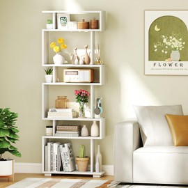 Giantex 6-Tier Geometric Bookcase Set of 2, 64" Tall S-Shaped Bookshelf w/Anti-Tipping Kit, Wood Freestanding Decorative Storage Display Shelves for Living Room, Bedroom & Home Office, White