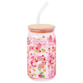 Silver Buffalo Strawberry Shortcake Berry Print Glass Tumbler with Bamboo Lid and Glass Straw Featuring Strawberry Shortcake and Custard, 16 Ounces