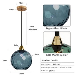 XIRYTU-H 20cm/7.9’’ Industrial Vintage Spherical Glass Pendant Light, E26 Ceiling Hanging Lamp, Gold Finish & Ripple Glass Globe Shade, Dining Room Bedroom Chandelier (Dark Blue)