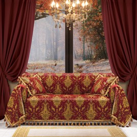 Loom and Mill Luxury Sofa Covers, Classic Damask Jacquard Thick Chenille Couch Cover Furniture Protector with Lace Edge and Handmade Tassels for Pet, Dogs and Cats (Red, 71x118 inch)