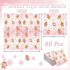AIBIIN 80Pcs Pink Christmas Paper Napkins Gingerbread Candy Cane Disposable Luncheon Hand Napkin Christmas Gingerbread Man Napkins for Kitchen Dinner Christmas Decorations Holiday Party Supplies