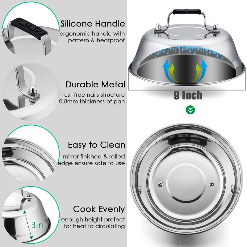 Cheese Melting Dome Set of 3, HaSteeL Stainless Steel Round