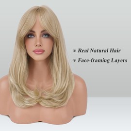 FESHFEN Dirty Blonde Wigs with Bangs, Synthetic Natural Looking Long Layered Straight Hair Wig for Women Daily Party Use, 18 inch