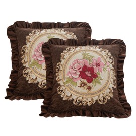 Qupace Set of 2 Chenille Vintage Throw Pillows Covers 18x18in Sofa Couch Pillows for Living Room Floral Embroidered Cushion Cover for Bed Chairs Car (Brown)