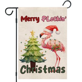 RLCMO Christmas Flamingo Tree Garden Flag Winter Merry Christmas Light Belt 12" x 18" Small Double Sided Readable Yard Signs Vertical Burlap Welcome Holiday Farmhouse Outdoor Lawn Decor Poster Flag (Multicolour)