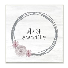 Stupell Industries Stay Awhile Family Home Inspirational Pink Flower Grey Design Wall Plaque Art by Kimberly Allen, 12 x 0.5 x 12, Multi-Color