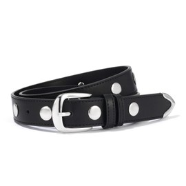 GOTOANT Studded Belt for Womens Leather Belts for Jeans Dress Thin Ladies Punk Gothic Waist Belt Vintage Silver Buckle Black 32-35 IN