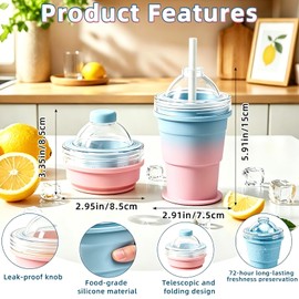 2-in-1 Silicone Ice Ball Cup, Collapsible Ice Cube Cup with Lid and Straw